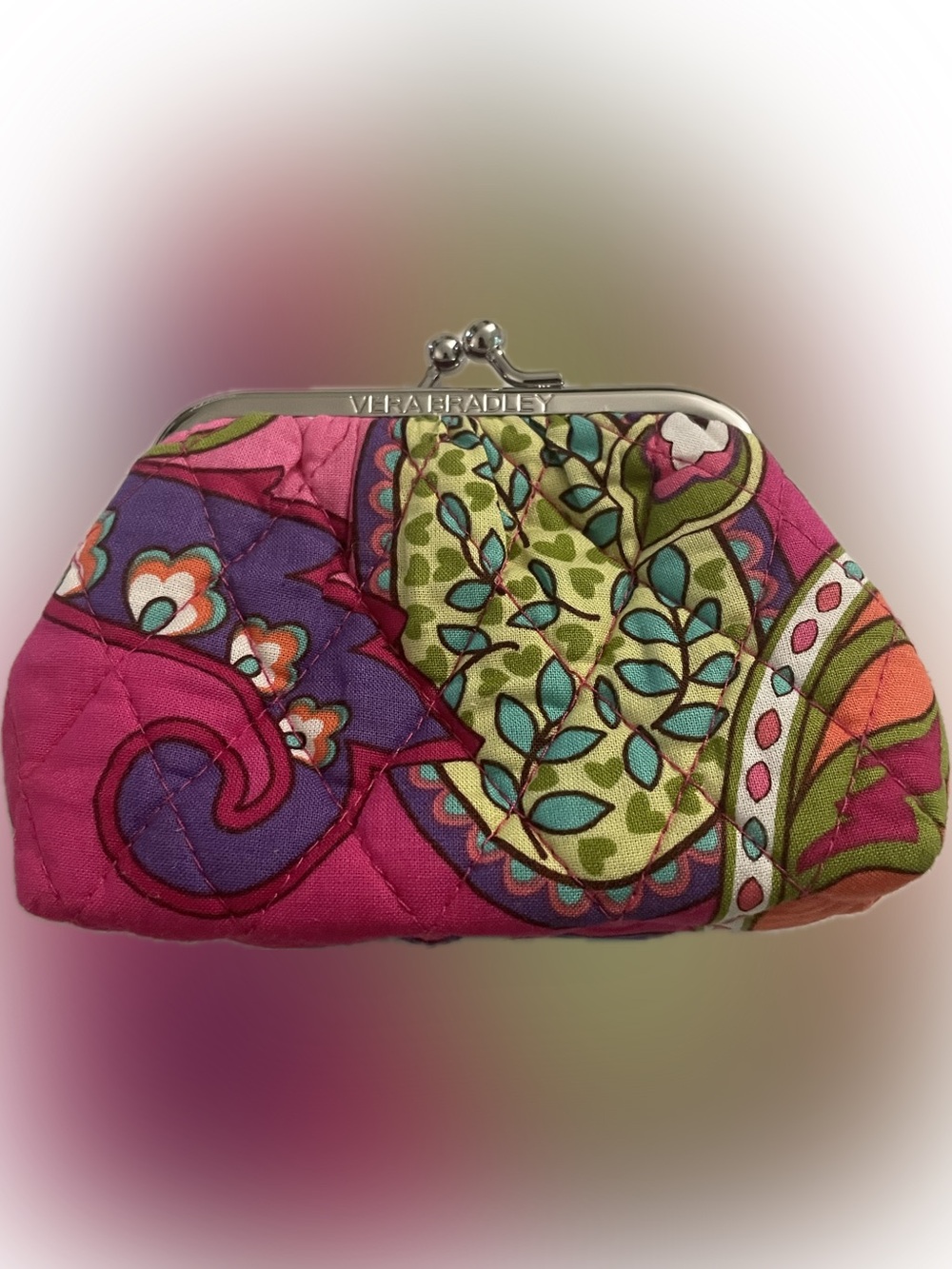 Vera Bradley Quilted Kiss-Lock Coin Purse in Pink, Purple, Green